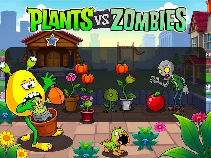Plants vs Zombies vibrant gameplay showing Peashooters, Sunflowers fighting zombies on a lawn
