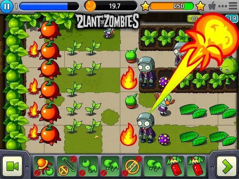 Plants vs Zombies 1 Gameplay Screenshot showing plants defending against zombies