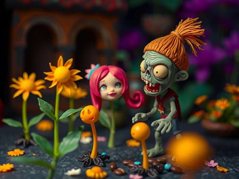 A detailed collection of Plants vs Zombies 2 action figures including Sunflower, Peashooter, and Conehead Zombie arranged on a shelf