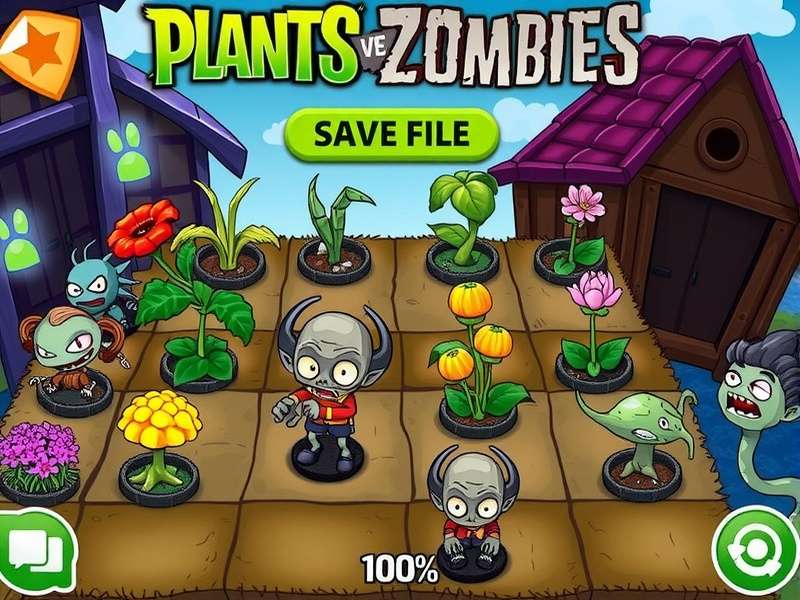 Screenshot of Plants vs Zombies 100% completed save file showing all unlocked plants and achievements