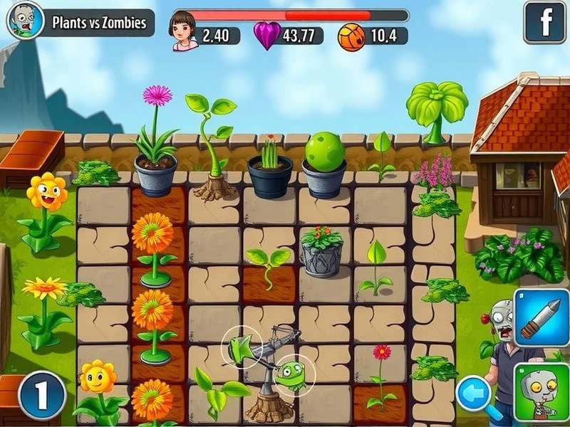 Plants vs Zombies gameplay showing plants defending against zombies on a lawn