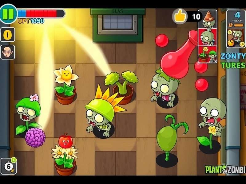 Peashooter plant firing peas at zombies in Plants vs Zombies