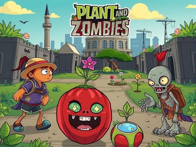 A vibrant garden with various plants defending against cartoonish zombies