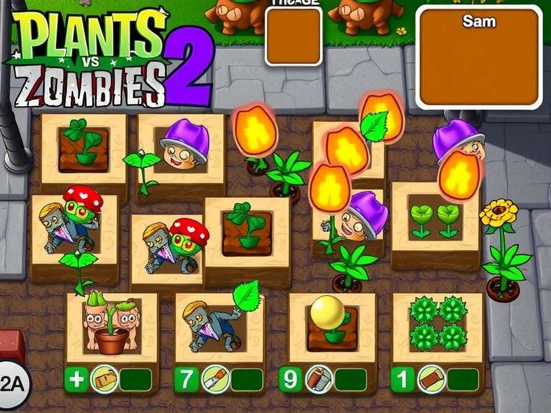Plants vs Zombies 2 gameplay screenshot showing diverse plants fighting zombies across different eras