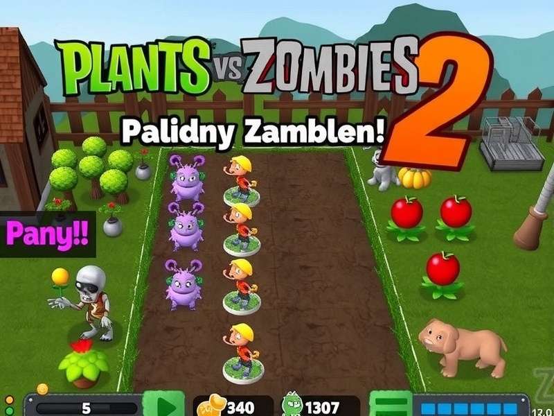 Plants Vs Zombies 2 gameplay with peashooters and zombies on a sunny lawn