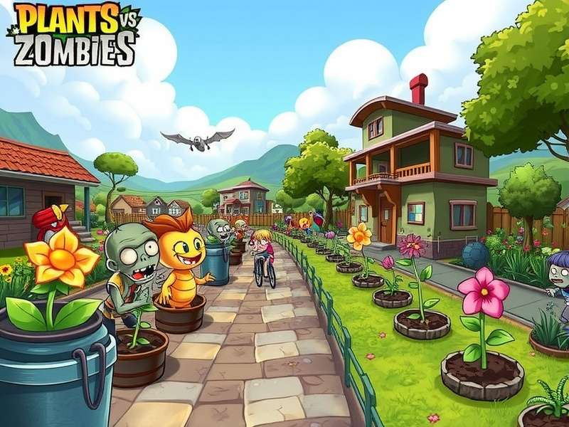 Plants vs Zombies epic battle scene with plants defending the garden from zombies