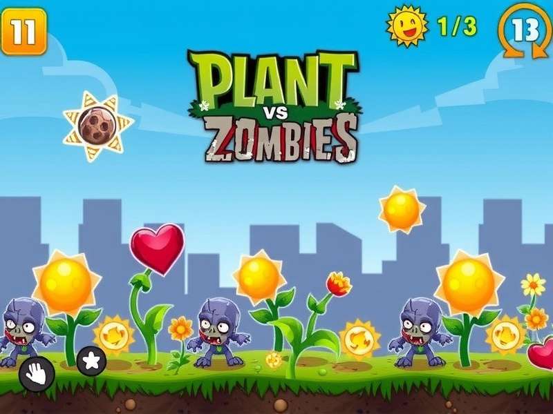 Plants vs Zombies gameplay on laptop with vibrant green lawn and colorful plants defending against zombies
